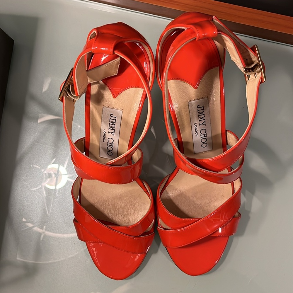 Jimmy Choo Flame Orange / Red Patent 'Lottie' Criss Cross Sandals - Picture 5 of 7